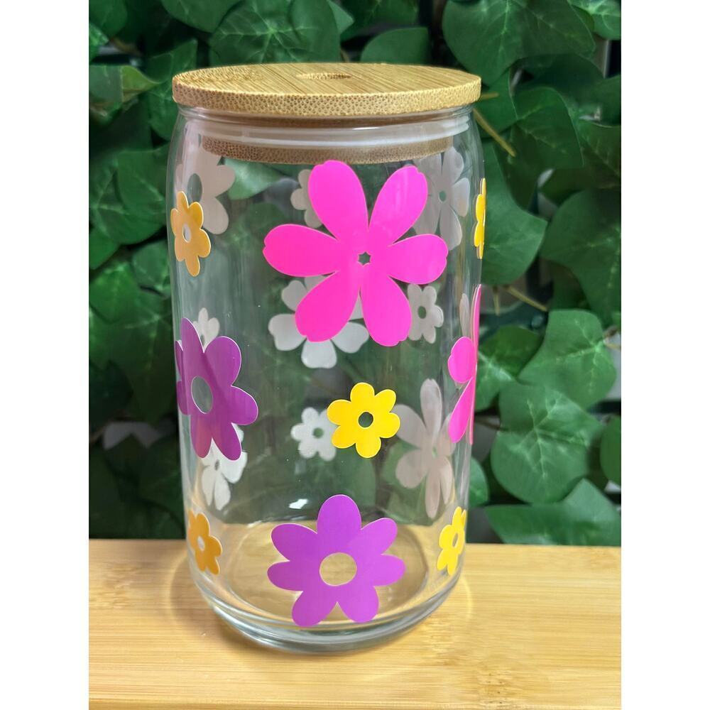 Pink & Yellow Flower Color Changing Glass Can w/ Bamboo Lid & Glass Straw 16oz